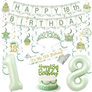 Funmemoir Sage Green 18th Birthday Decorations for Girls - Happy 18th Birthday Banner Cake Topper Hanging Swirls Balloons Crown and Sash for Eighteen Its My 18th Year Old Party