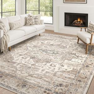 Area Rug 10x12 Washable Vintage - Soft Traditional Rugs for Living Room Large Non Slip Backing with Low Pile Farmhouse Oriental Retro Carpet for Bedroom Dining Room or Home Office - Tea Brown
