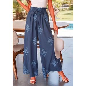 CRAZY GRID Artisanal-Print High Waist Beach Pants for Women Wide-Leg Trendy Trousers with Drawstring-Waist Summer Lounge-Ready Bottoms CarvingBlue Small