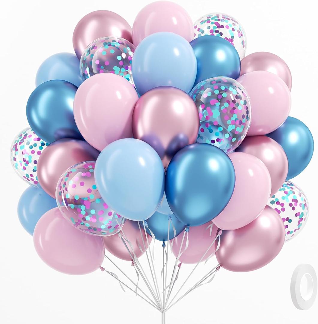 61pcs Pink and Blue Balloons, 12 Inch Macaron and Metallic Blue Pink Latex Party Balloons for Gender Reveal Baby Shower Wedding Bridal Shower Birthday Graduation Party Decorations