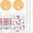 Whaline 2 Pack Groovy Halloween Drinking Glasses 16oz Spooky Ghost Pumpkin Flower Glass Cup Orange Pink Purple Iced Coffee Cup with Lid Straw for Cocktail Whiskey Beer Soda