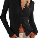 LAMISSCHE Lightweight Cardigans For Women Ribbed Long Sleeve Button Down Shirts Casual Going Out Tops Fitted Shirts (Black, S)