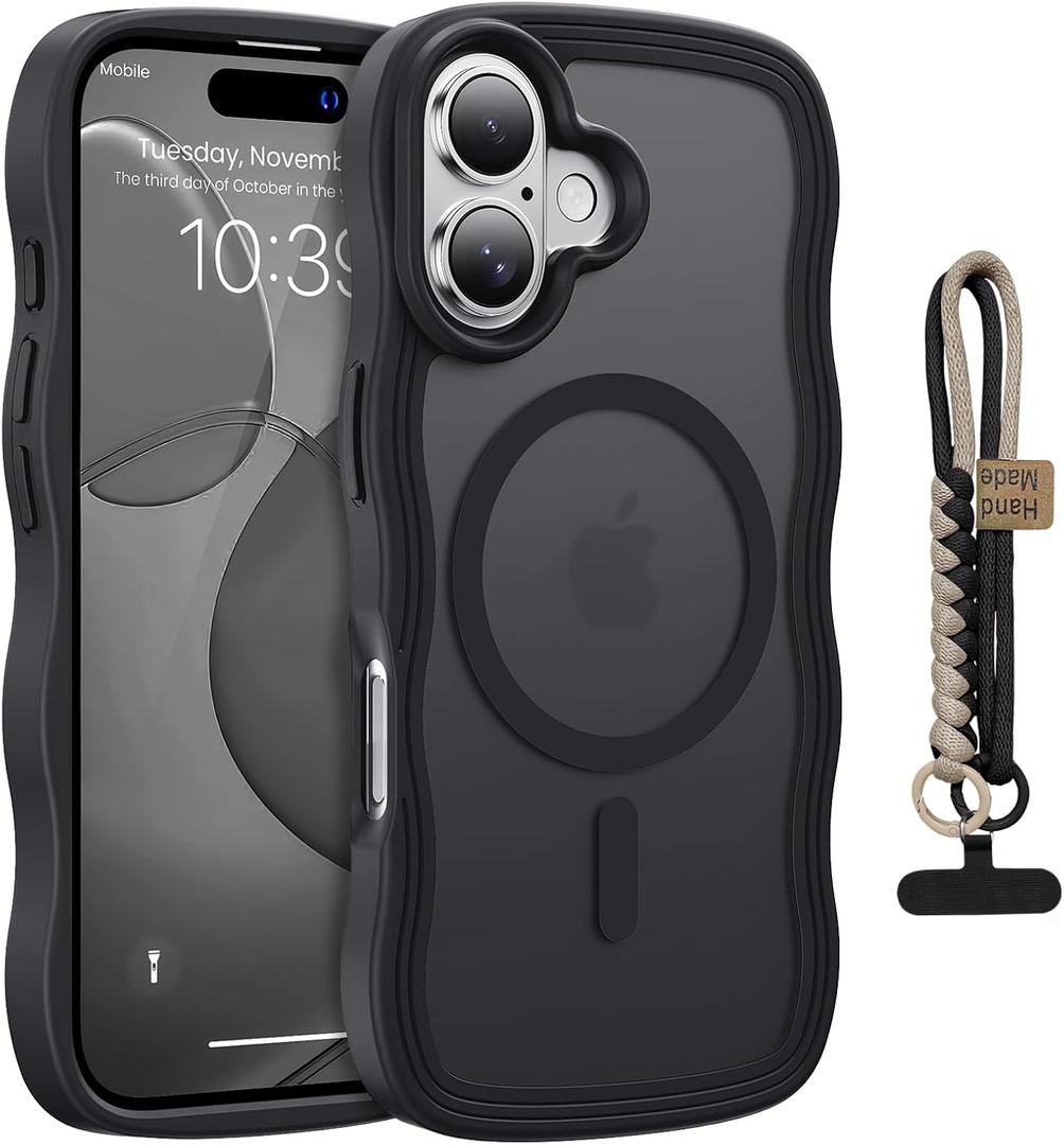 for iPhone 17 Case Cute Wavy Matte Black |Compatible with MagSafe,Color-Matched Lanyard,Military Grade Shockproof,Slim & Durable,Travel-Ready & Stylish
