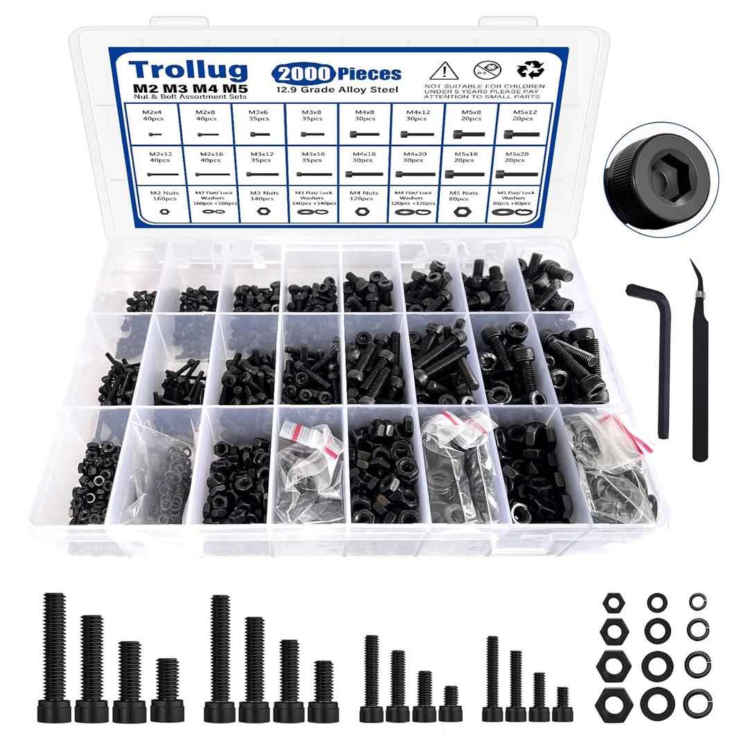 2000PCS Metric Screws Assortment Kit, M2 M3 M4 M5 Bolts and Nuts with Lock and Flat Washers, 12.9 Grade Alloy Steel Metric Bolt Assortment Kit