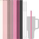 Tomorotec 12.2" Reusable Silicone Drinking Straws 15-Pack with Cleaning Brushes for Stanley Tumblers 40oz 30oz 20oz, Noise-Free BPA-Free Food Grade Silicone Adjustable for Various Cups (Pink Series)
