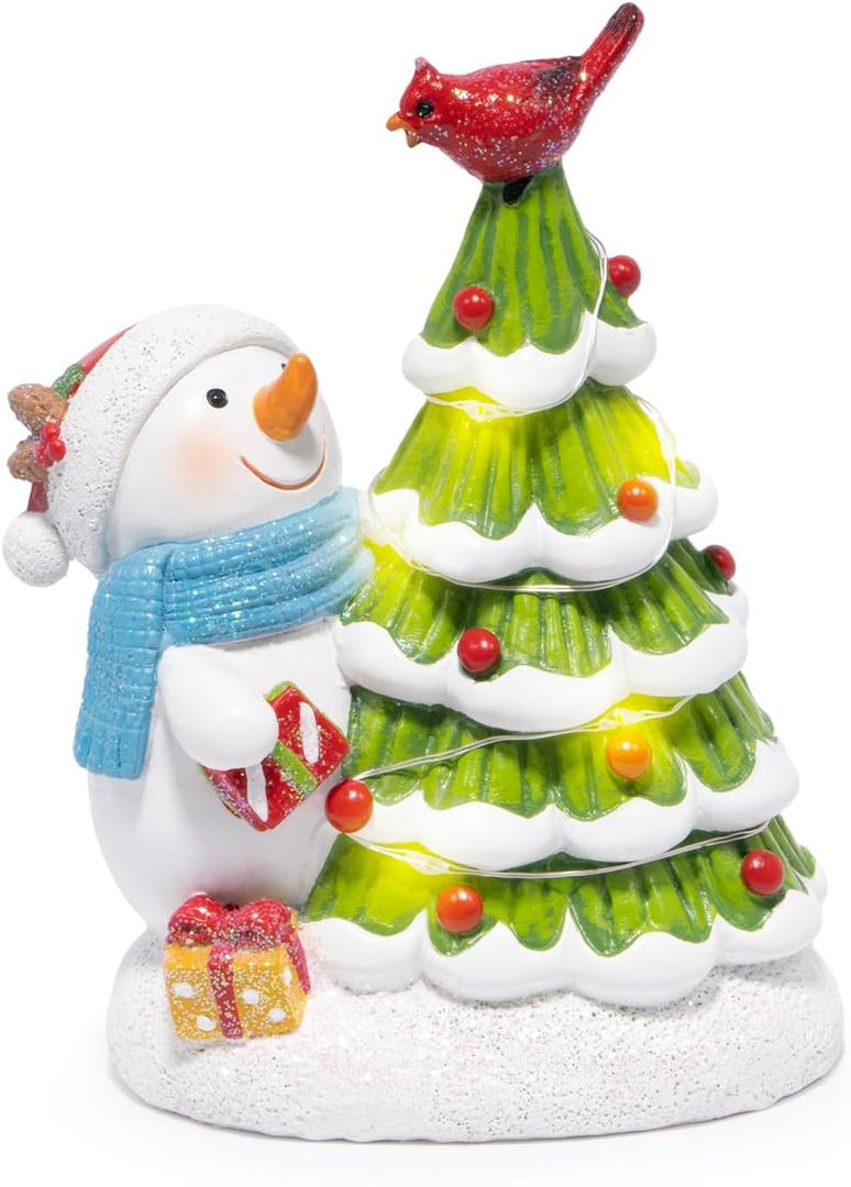 Hodao Christmas Tree Figurine Decorations  Lighted Hand-Painted Resin Snowman with Cardinal, Tabletop Decor for Family or Friends | Mantel, Shelf, Living Room Display (Green)