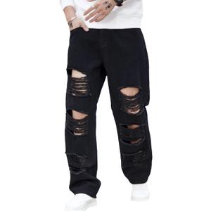 WDIRARA Men's Cut Out Ripped Frayed Zipper Fly Long Straight Leg Denim Jeans Black Plain M