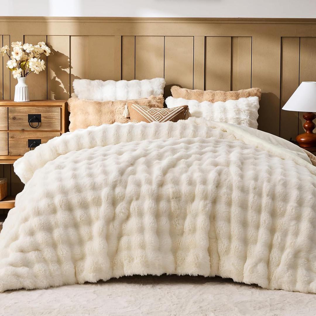 Lotus Karen Faux Fur Queen Comforter Set  Cream White Fluffy Comforter Queen Size, Big Bubble Faux Rabbit Fur Bedding Comforter Sets, Warm Cozy Fuzzy Bed Set 3 Pieces, 1 Comforter and 2 Pillowcases