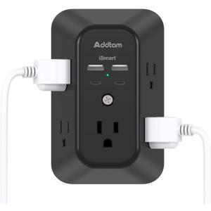 Surge Protector Outlet Extender - Addtam 5-Outlet Splitter with 4 USB Wall Charger(2 USB-C Ports), Multi Plug Outlet Power Strip for Home, Dorm Room Essentials, Black