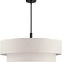 6 Light 26 Inch Cream Fabric Shade Hanging Pendant Ceiling Light Fixture,Adjustable Rod Semi Flush Mount Light Black Finish for Bedroom,Living Room,Dining Room Hallway