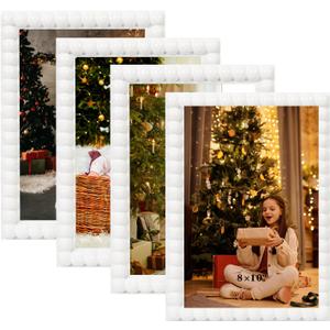 8x10 Picture Frame Set of 4, White Beaded Photo Frames Display Pictures 5x7 with Mat or 8x10 without Mat, Multi Photo Frames Collage for Wall or Tabletop Decor