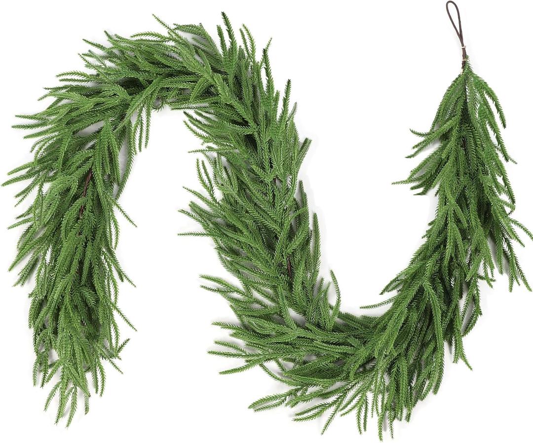 Christmas Garland, 9FT Artificial Norfolk Pine Garland, Real Touch Pine Garland, 96 Branches Christmas Garland for Mantle, Staircase, Banister, Indoor, Outdoor Christmas Decorations