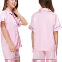 Kids Girl Pajama Set with Headband Blindfold Hair Tie Toddler Boy Girl Satin Silky Button-up Pajama Sleepwear (9-10 Years, Pink-short)