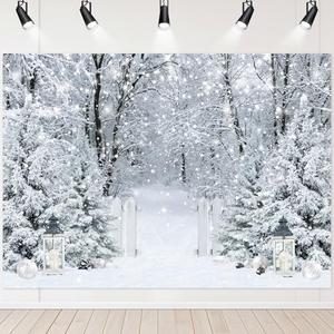 Avezano Winter Photography Backdrop Glitter White Snow Forest Pine Tree Christmas Party Decoration Winter Snowy Scene Background for Christmas New Year Event Party Decoration Banner (7x5ft)