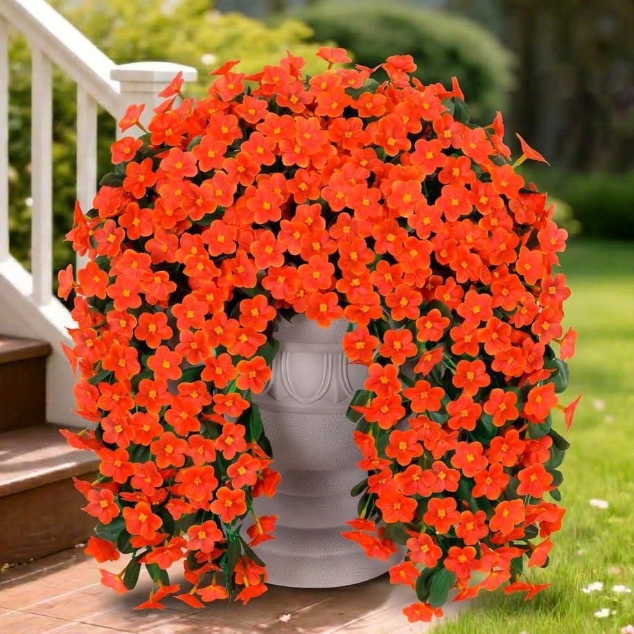 Artificial Fake Fall Hanging Flowers Plants for Outdoor Outside, 2PCS Faux Silk Orange Daisy Mums Trailing Vines UV Resistant Realistic Orchid for Autumn Front Door Porch Planter Patio Garden