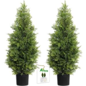 Aveyas 3ft Artificial Cedar Topiary Trees for Outdoor Front Porch Door, 3 Feet Faux Potted Plants Evergreen Fake Pine Cypress Tree for Outside Home Decor (3 ft Tall) - Set of 2 Pack