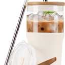 Glass Tumbler with Lids and Straws, 20 oz Iced Coffee Cup and Smoothie Cup with Bamboo Lid and On the go Lid,Glass Cups With Straws