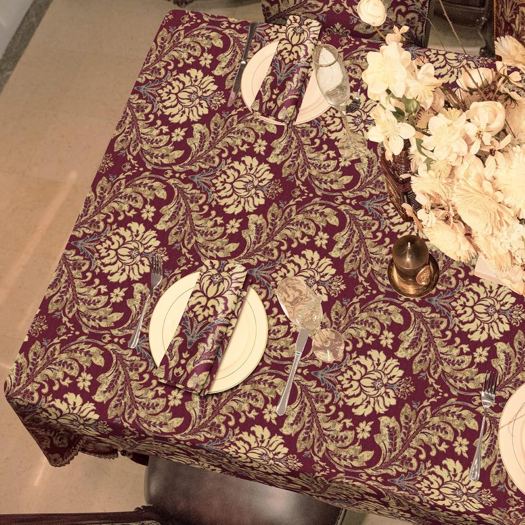 Loom and Mill Luxury Jacquard Tablecloth 60 x 120 Inch, Water Resistant Damask Floral Table Covers with Tassels for Dining Kitchen Tabletop Party Banquet Holiday Decorations(Burgundy Red, 60x120in)