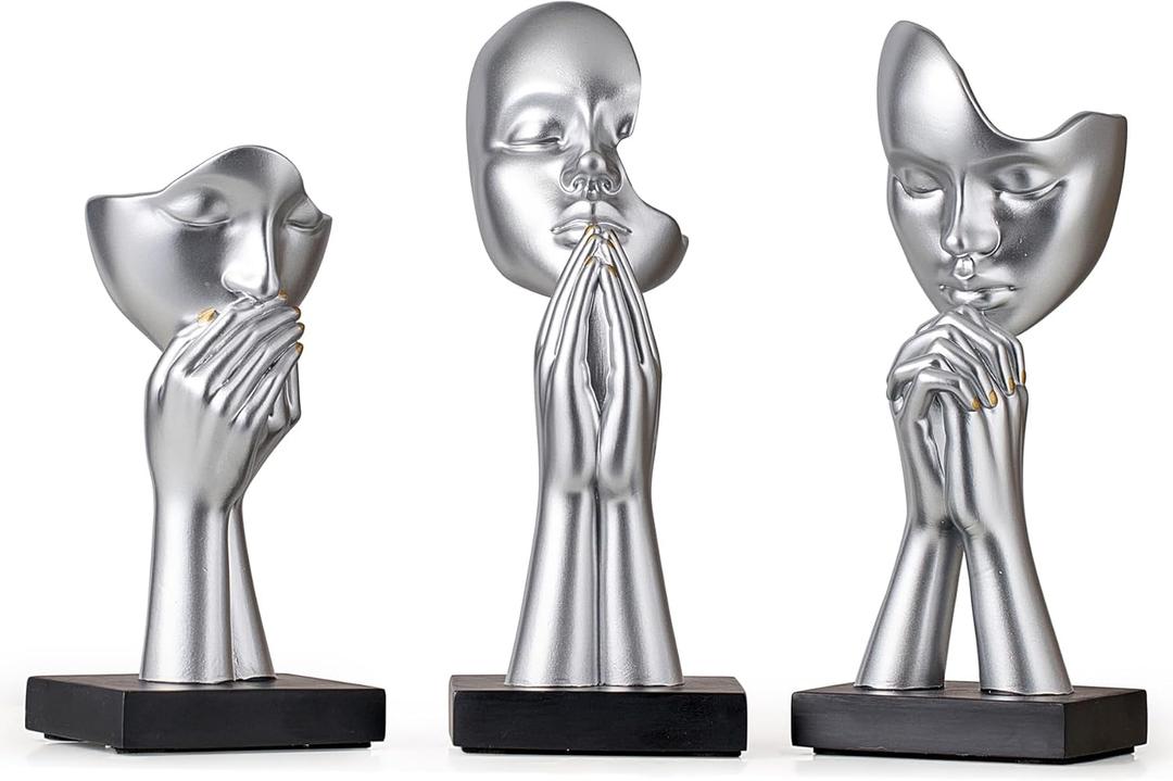 3 Pcs Silver Decor Prayer Statues, Modern Prayer of Peace Figurines Shelf Decor Accents, Abstract Art Sculpture Home Decorations for Living Room Bedroom Office Bookshelf Coffee Table, Gifts for Women