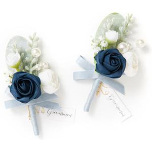 Ling's moment Boutonniere for Men, 2pcs Groom Groomsmen Guest Boutonniere, Artificial Flowers for Wedding/Prom/Homecoming, etc.Navy White Ranunculus