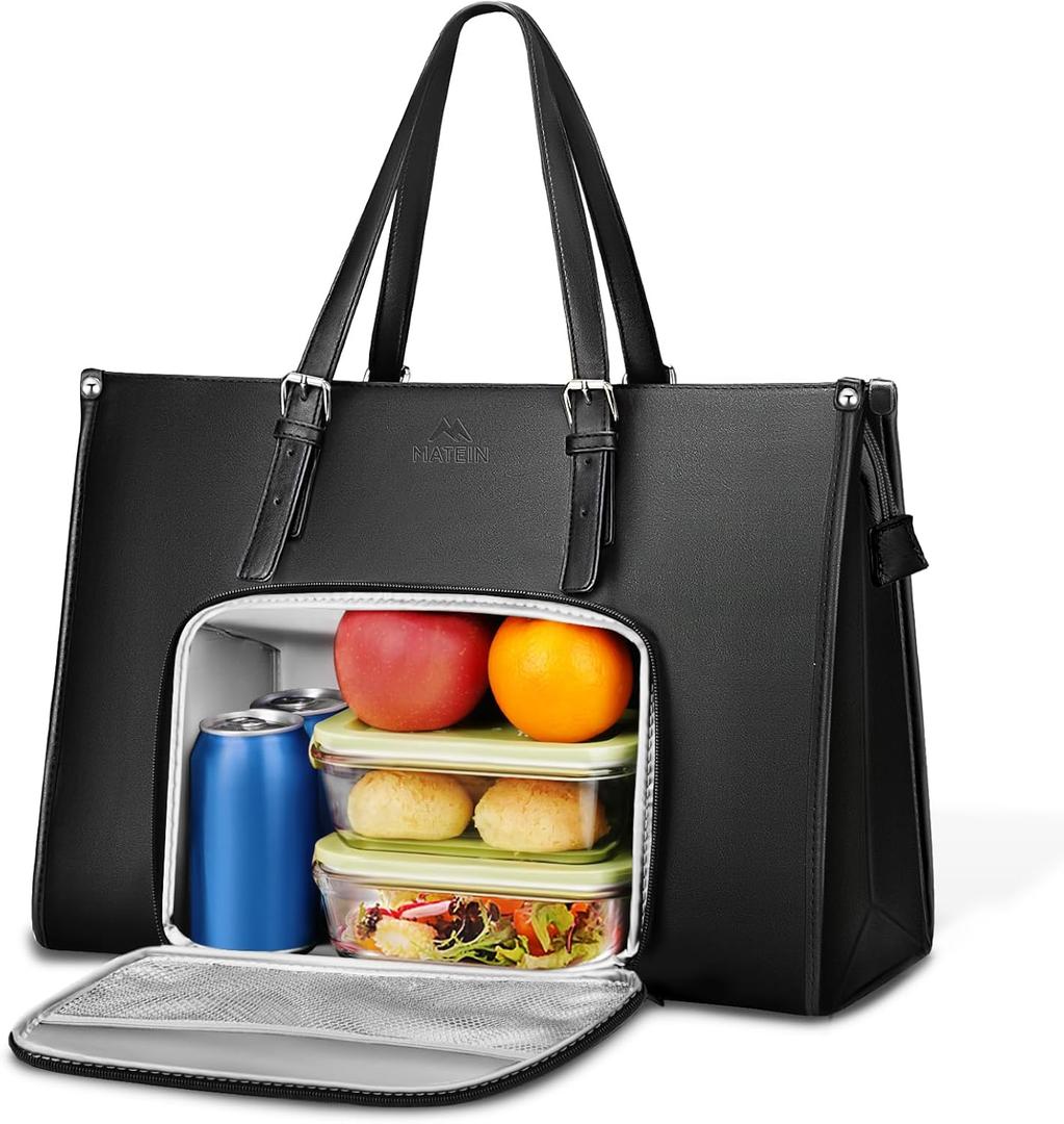 MATEIN Laptop Tote Bag with Insulated Lunch Compartment, 15.6 Inch PU Leather Briefcase with Leakproof Lunch Box Pocket for Women, Convertible Lightweight Computer Work Bag Handbag for Office, Black
