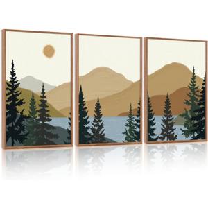 TOARTi Framed Canvas Mountain Lake Landscape Wall Art Set (16''x24''), Abstract Nature Scenery Painting Artwork Prints, Woodland Pine Tree Sunset Sunrise Cabin Wall Decor for Home Bedroom Living Room (Tan Beige)
