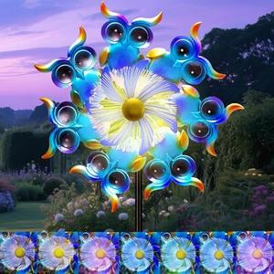 GIBMIDSER Solar Owls Wind Spinners for Yard and Garden,51 Inch Solar Windmill Seven Color LED Light Whirligig Kinetic Spinner to Scare Birds Decor for Lawn, Patio,Owl Gift Metal Wind Outdoor Sculpture