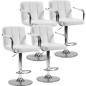 DUMOS Bar Stools Set of 4, Adjustable Swivel Bar Chairs with Padded Armrests and Ergonomic Backrest for Kitchen Island Counter Pub Dining Room, Water-Resistant PU Leather, White
