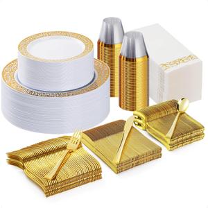 Bestluck 350PCS Gold Plastic Dinnerware Set for 50 Guests, Disposable Plates for Party, Wedding and Dinner, Include 50 Dinner Plates, 50 Dessert Plates, 50 Set Silverware, 50 Cups, 50 Napkins
