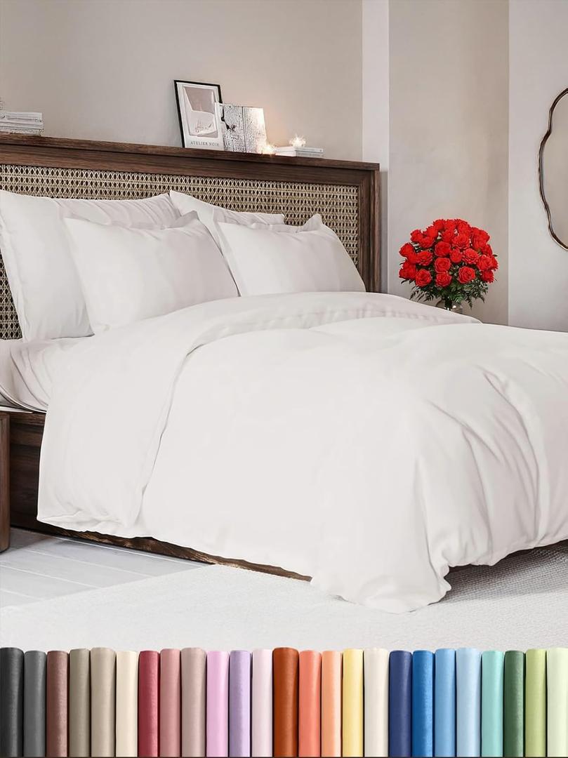 Duvet Cover Queen Size Set - Extra Soft Queen Duvet Cover 90" x 90" with 2 Pillow Shams - Hotel Luxury, Easy Care & Fade Free with Zipper Closures and Ties - Comfy, Cozy & Breathable (Antique White)