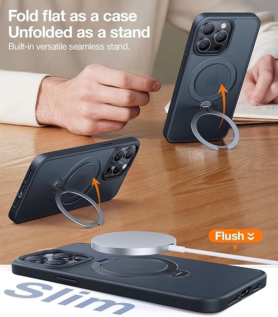 TORRAS Upgraded 360 Spin Magnetic Stand for iPhone 15 Pro Case, Fit for MagSafe, Built-in Kickstand & Ring Holder, Mil-Grade Protective Soft Edge Translucent Case for iPhone 15 Pro, Black 6.3