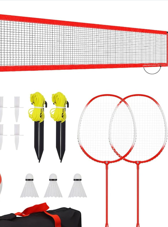 Portable Outdoor Volleyball and Badminton Set, with Aluminum Badminton Rackets, Shuttlecocks, Height Adjust Steel Poles, Winch System, Volleyball with Pump and Carrying Bag for Backyard Beach