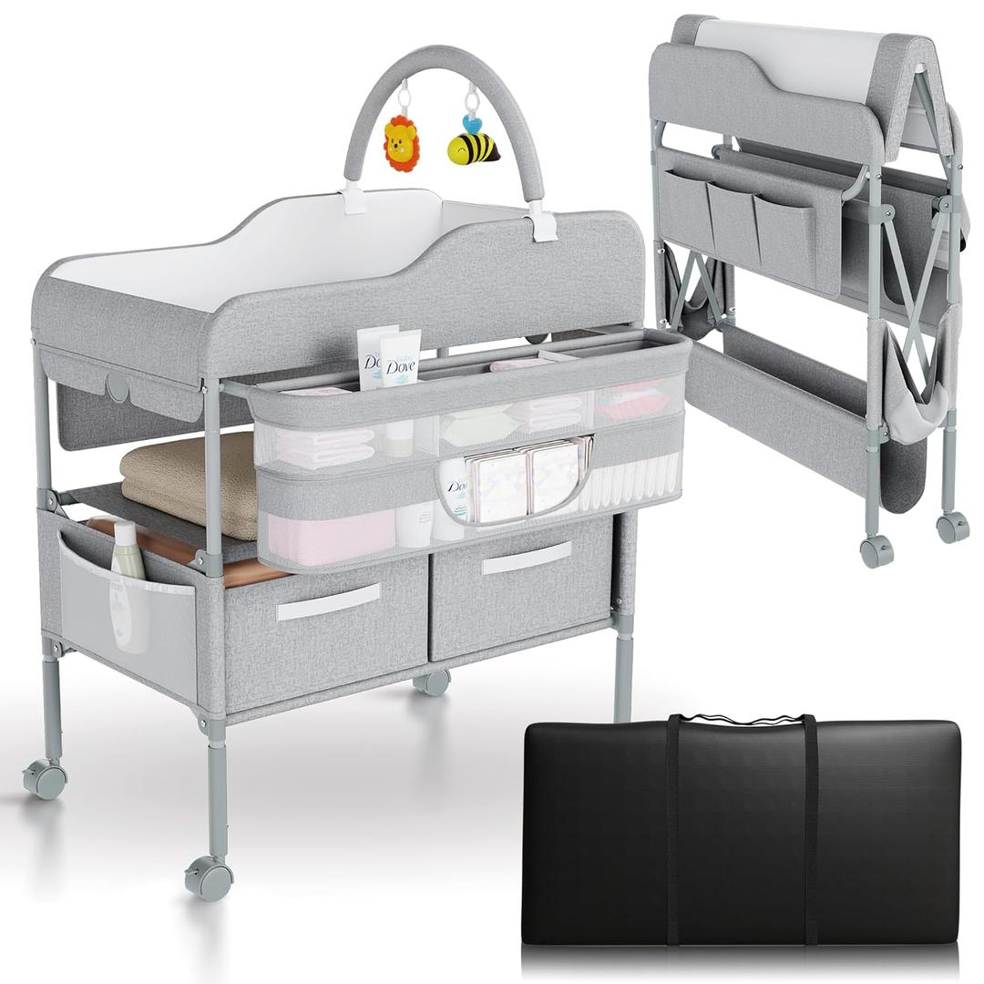 Portable Changing Table for Baby - Foldable Changing Table, Baby Diaper Changing Station with Baby Changing Station Toy Holder, Diaper Changing Table Bag - Portable Baby Changing Table with Wheels