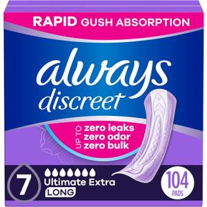 Always Discreet Adult Incontinence Pads for Women, Ultimate Extra Absorbency, Long Length, Postpartum Pads, 104 Count (4 Packs of 26) (7-drop)