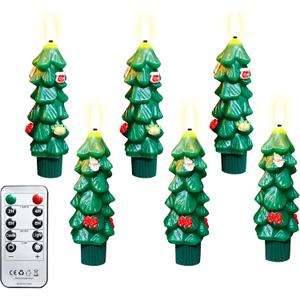 5Inches Real Wax Flameless Christmas Tree Taper Candles with Remote Timer, 6Pcs Battery Operated Taper Candles with 3D Wick Warm White Flickering Lights, LED Candlesticks for Xmas Home Dcor