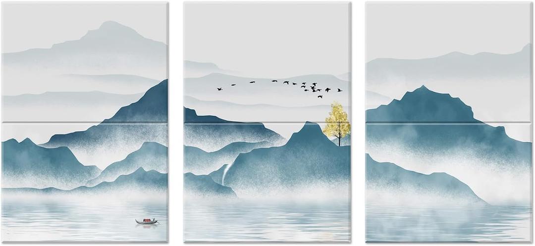 JBER Art Acoustic Panels, 6 Pack Self-Adhesive Large Wall Art Paintings for Wall Decoration, Sound Absorbing Panels for Recording Studio, Living room, Bathroom, 47.2"  23" (Mountains in the Fog)