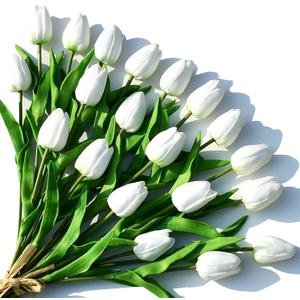 ONLY ART 20pcs White Artificial Tulip Flowers with Soft Latex Materials for Home & Kitchen Decoration New Year Spring