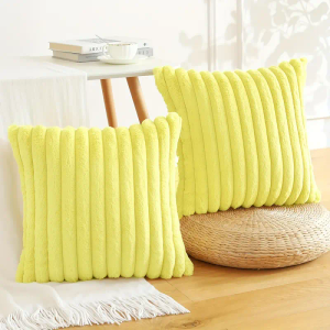 Set of 2 Faux Fur Plush Throw Pillow Covers Soft Fluffy Striped Decorative Cushion Cover for Home Decor, Light Yellow 12x20
