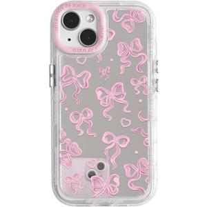 NITITOP Compatible with iPhone 15 Plus Case Cute Mirror Bow Love Heart Pattern for Women Girls Ribbon Design Shockproof Silver Protective Phone Cover - Pink Bow