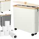 Bamboo Toilet Paper Storage with Lid and Wheels, Bathroom Toilet Storage Basket with Handle, Paper Storage Basket Holder for up to 9 Rolls, Beige, 1 Pack