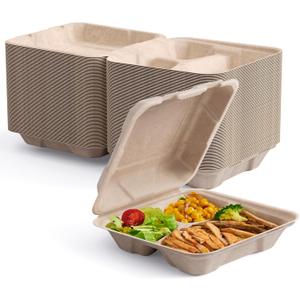 ECOLipak 50 Pack Clamshell To Go Containers, 100% Compostable Disposable Take Out Food Containers, 8X8 3-Compartment Heavy-Duty To Go Boxes, Eco-Friendly Biodegradable To Go Containers For Food