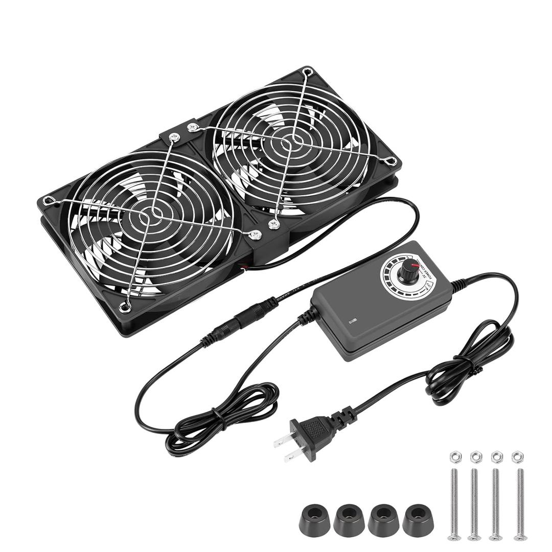 Dual 120mm High CFM Computer Fans with AC Plug, AC 110V - 240V Variable Speed Fan, Cooling for Server Closet Cabinet Mining Machine Chassis Workstation