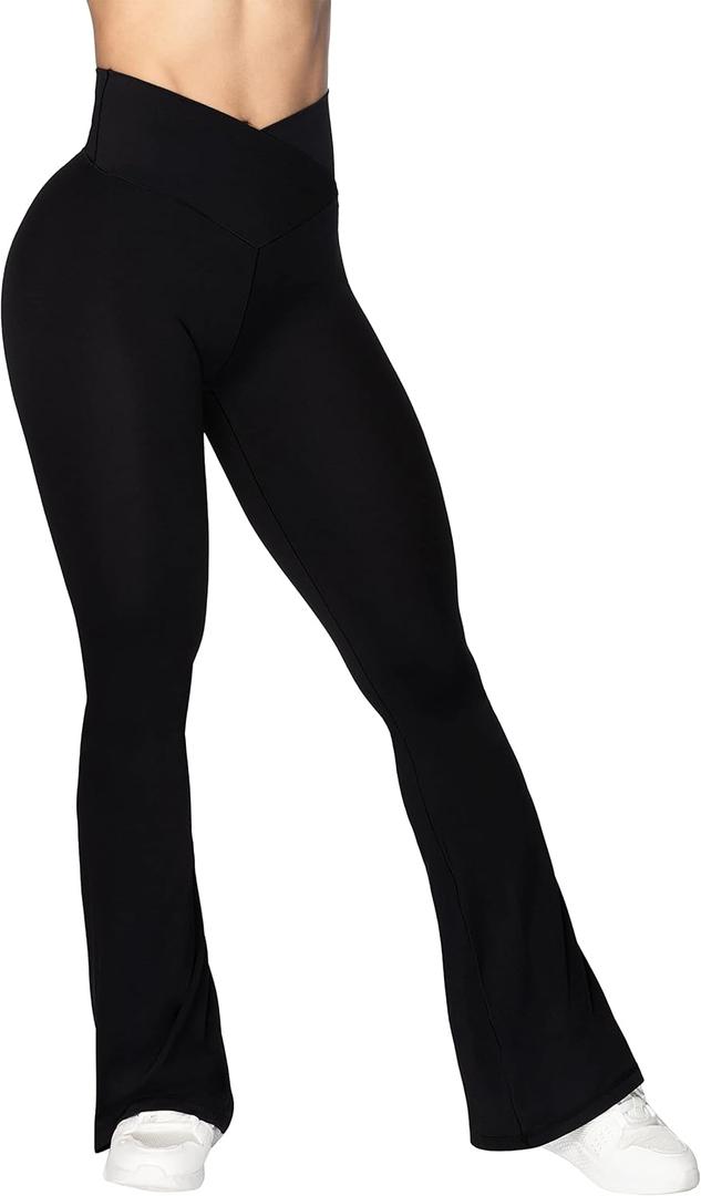 Sunzel Flare Leggings, Crossover Yoga Pants with Tummy Control, High-Waisted and Wide Leg (Medium, Black)