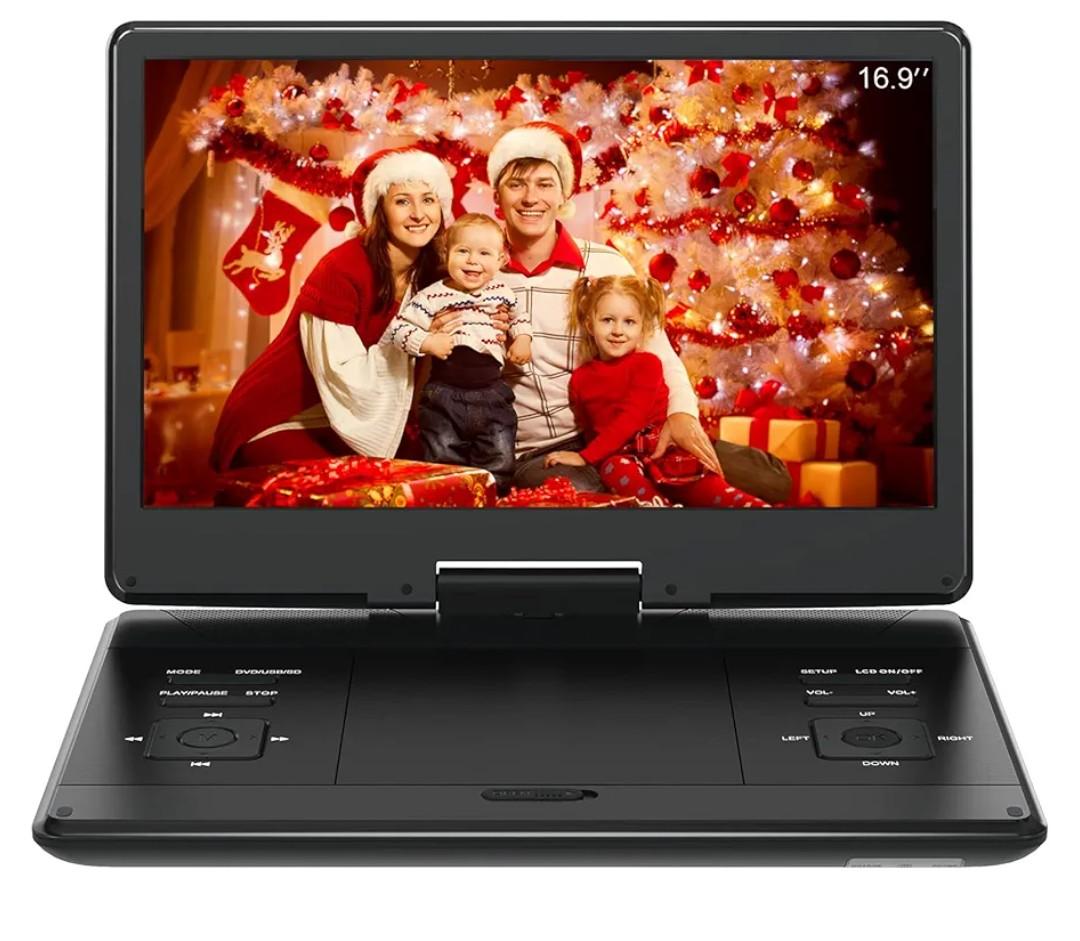 16.9" Portable DVD Player with 14.1" Large HD Screen,High Volume Speaker,4-6 Hours Built-in Rechargeable Battery,Support USB/SD Card/Sync TV and Multiple Disc Formats,Region Free,Remote Control,Black