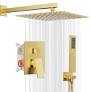 Gold Shower System, 10'' Square Rainfall Shower Head with Handheld Combo Spray, Bathroom Brushed Gold Shower Faucet Set with Valve, 59'' Shower Hose, Shower Trim Kit and Diverter, Wall Mounted