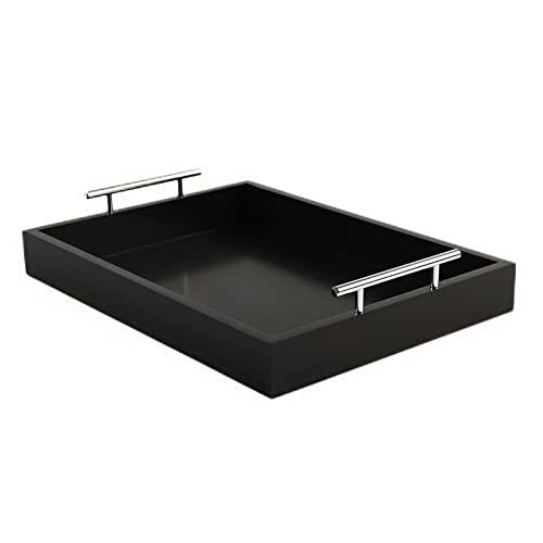 JJSQYLAN Wooden Serving Tray with Handles Rectangle Breakfast Tray for Coffee Table Decorative Ottoman Tray 16”x 12” for All Occasion's (Black)