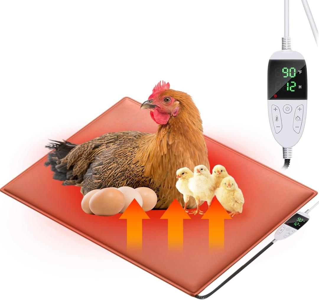 Chicken Heating Pad Baby Chicks Heater Mat Temperature and Timer Adjustable Led Display Chicken Warming Blanket Heated Mat with Anti Bite Cord Chick Brooder Heating Mat Orange 11.7" X 15.6"