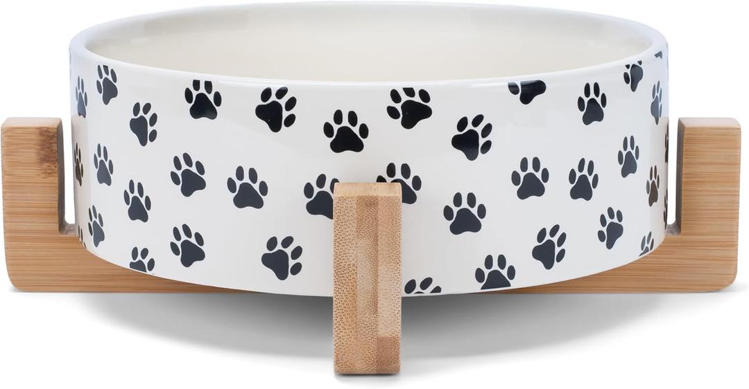 NAT & Jules Large Pawprint Black and White 8 inch Stoneware Ceramic and Wood Pet Bowl with Stand (Black and White Pawprint)