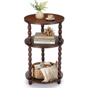 Small Round Side Table, 3-Tier Solid Wood End Table with Storage Shelf, Modern Bedside Tables Night Stand for Living Room, Bedroom, College Dorm, Small Space (Rustic Brown)
