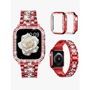 Mosonio Compatible with Apple Watch Band 46mm S11/S10 with Case Women, Jewelry Replacement Metal Wristband with 2 Pack Bling PC Protective Cover for iWatch Series 11/10(46mm,Red)